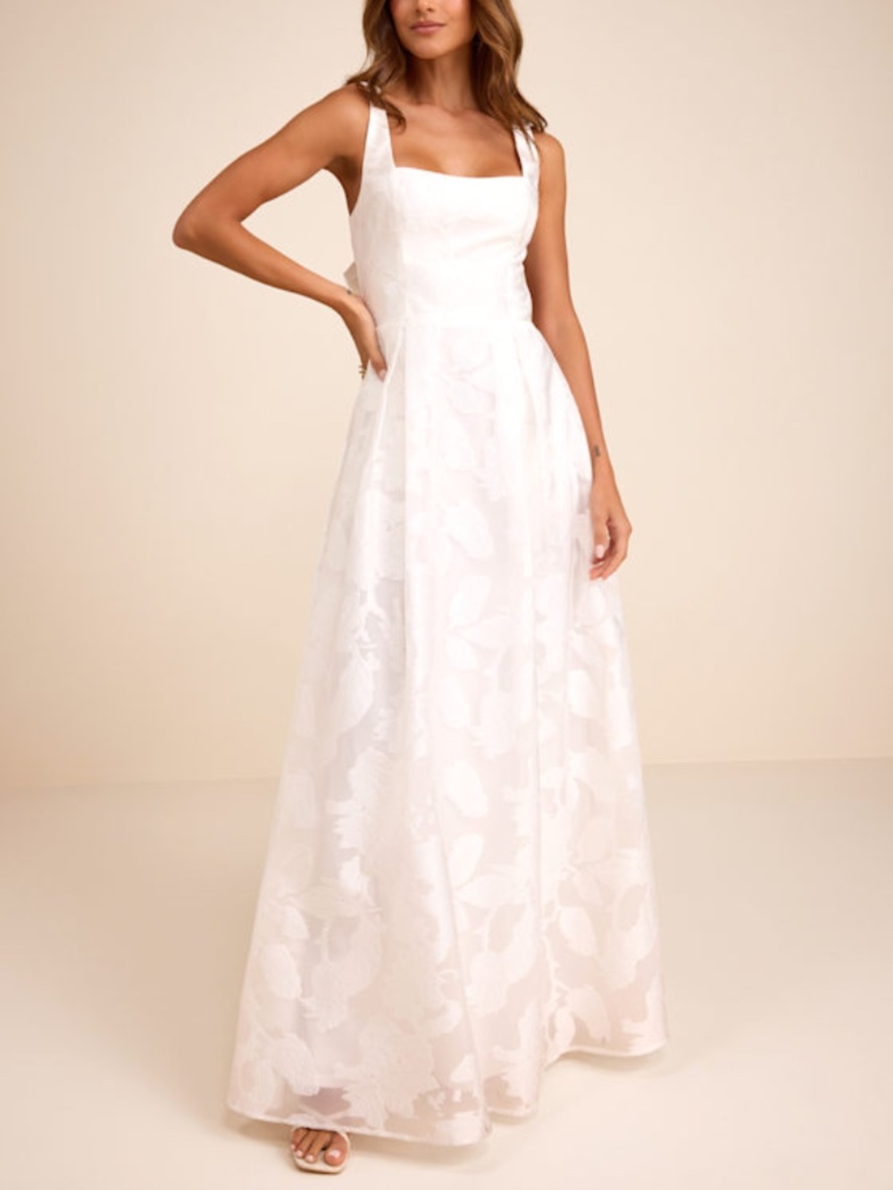 Lulus Perfected Aura White Jacquard Tie-back Maxi Dress With Pockets - Size M